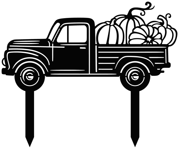 Silhouette of a vintage truck garden stake with pumpkins in the truck bed. The design is laser-cut from natural aluminum, featuring intricate details of the truck's body and wheel arches, with two stakes at the bottom for securing into the ground. The pumpkins have swirling vines, adding a whimsical touch.